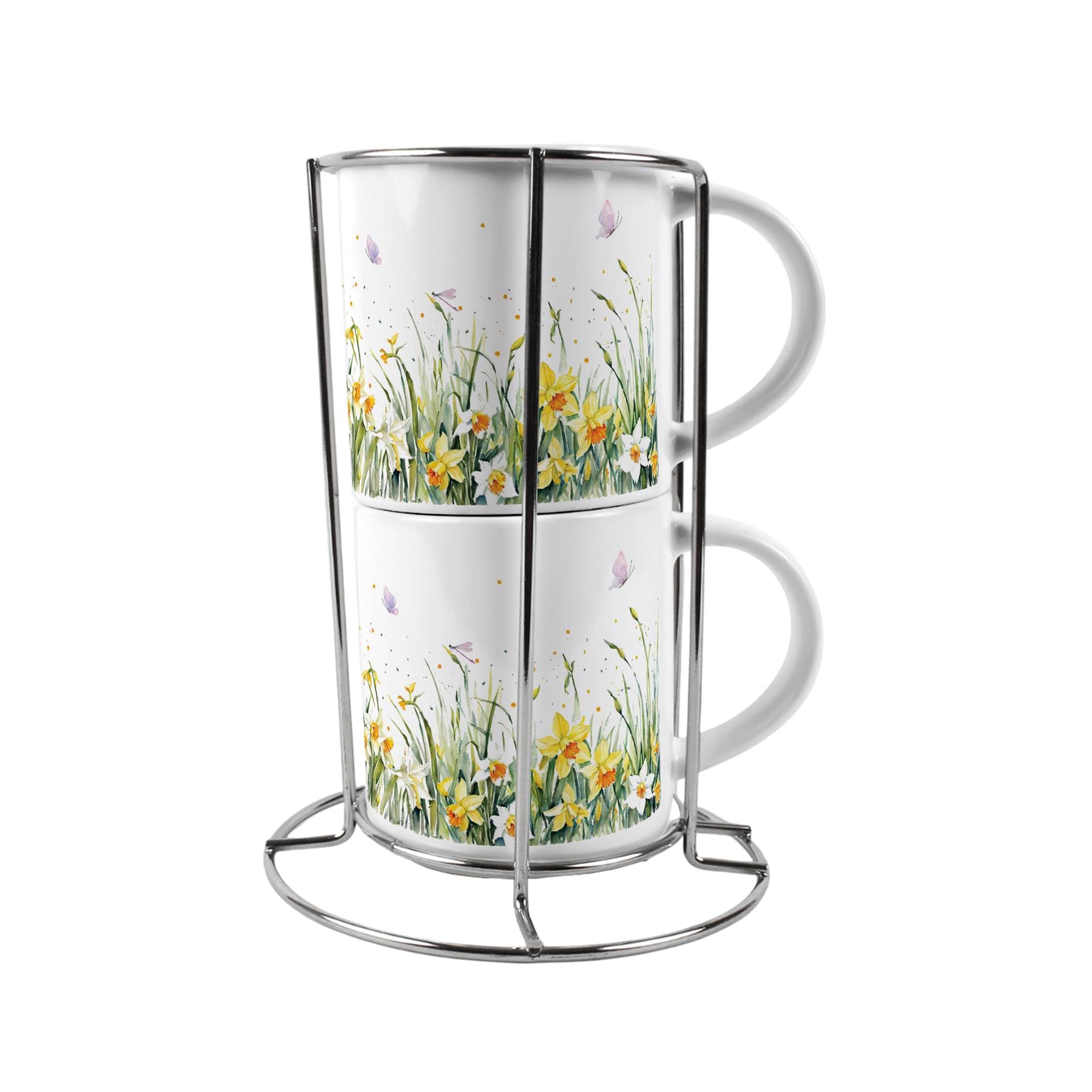 Spring Daffodils Stacking Mugs Set Gift - Yellow Floral Ceramic Cups Set of 2 with Metal Stand White