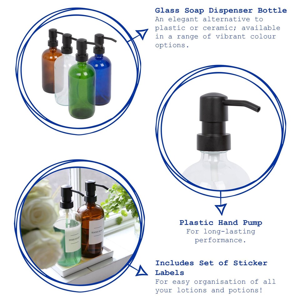 image 1 of Harbour Housewares Glass Soap Dispensers with Labels 500ml - Pack of 3 - Refillable Pump Bottles for Kitchen & Bathroom