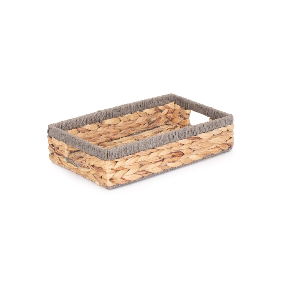 image 1 of Small Shallow Rectangular Water Hyacinth With Grey Rope Border Storage Basket | Brown | Brown