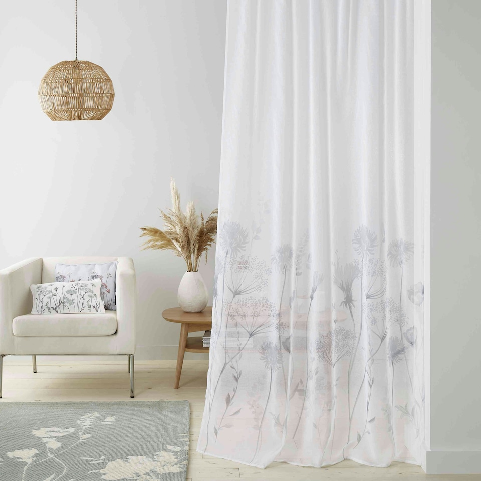 image 1 of Catherine Lansfield Meadowsweet Floral 55x72 Inch Tab Top Voile Curtain Panel White