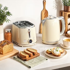 HOMCOM Kettle and Toaster Set with LED Screen, 1.7L 3000W Retro Rapid Boil Jug Kettle with Keep Warm Memory Function, 2 Slice Toaster with 6 Browning Controls, Crumb Tray, Cream | Cream