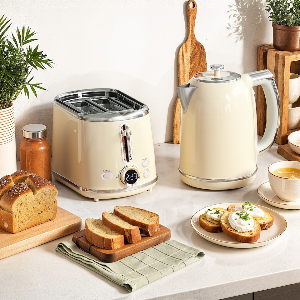 image 1 of HOMCOM Kettle and Toaster Set with LED Screen, 1.7L 3000W Retro Rapid Boil Jug Kettle with Keep Warm Memory Function, 2 Slice Toaster with 6 Browning Controls, Crumb Tray, Cream | Cream
