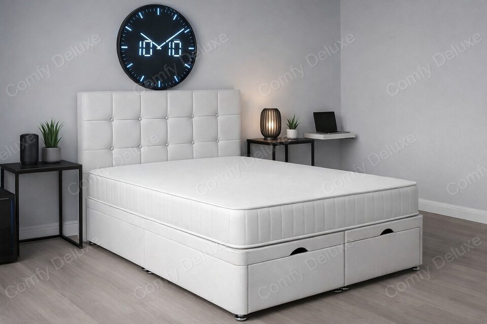 image 1 of Storage White Plush Ottoman 3ft single Bed Set with Headboard and Mattress
