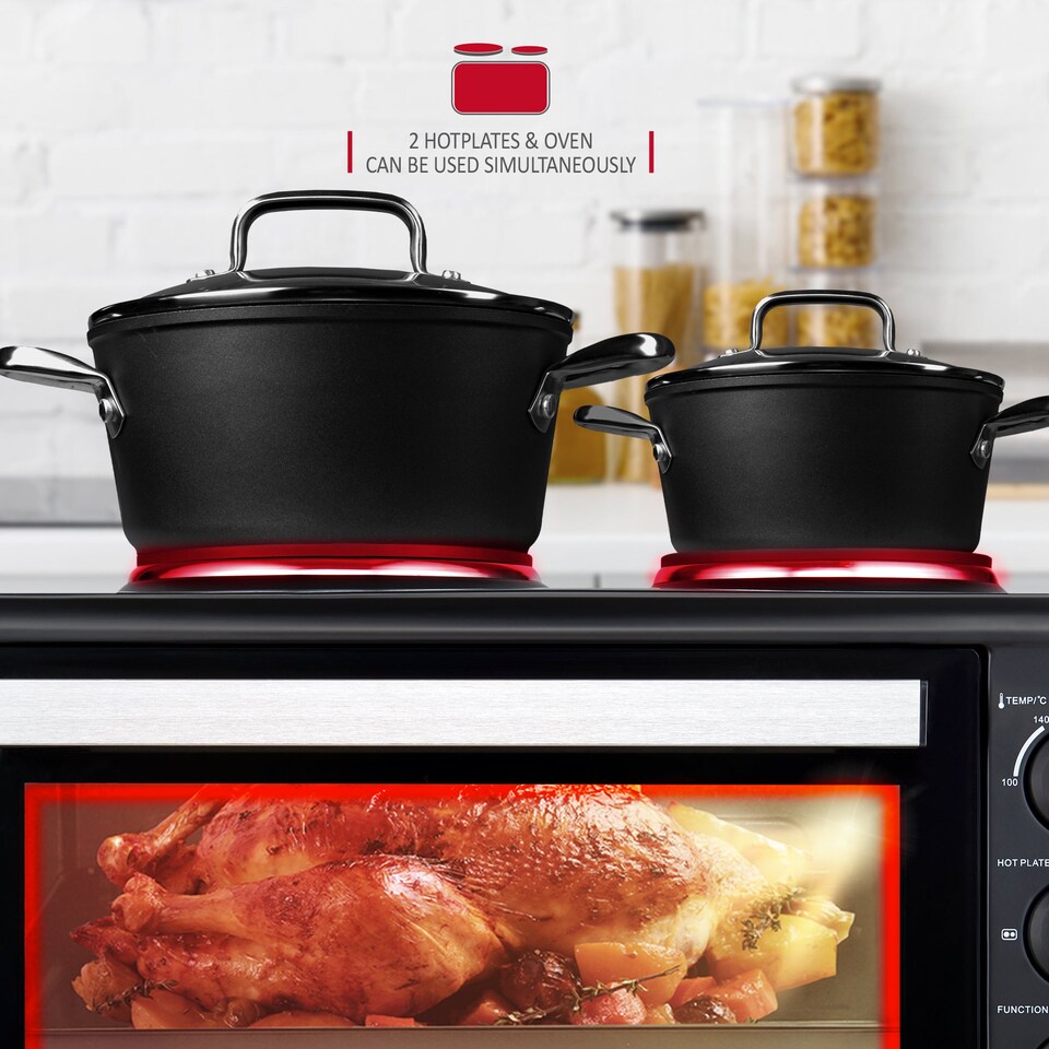 image 1 of NETTA 45L Electric Mini Oven with Double Hotplate, Grill, Adjustable Temperature and 120‑Minute Timer - 2850W