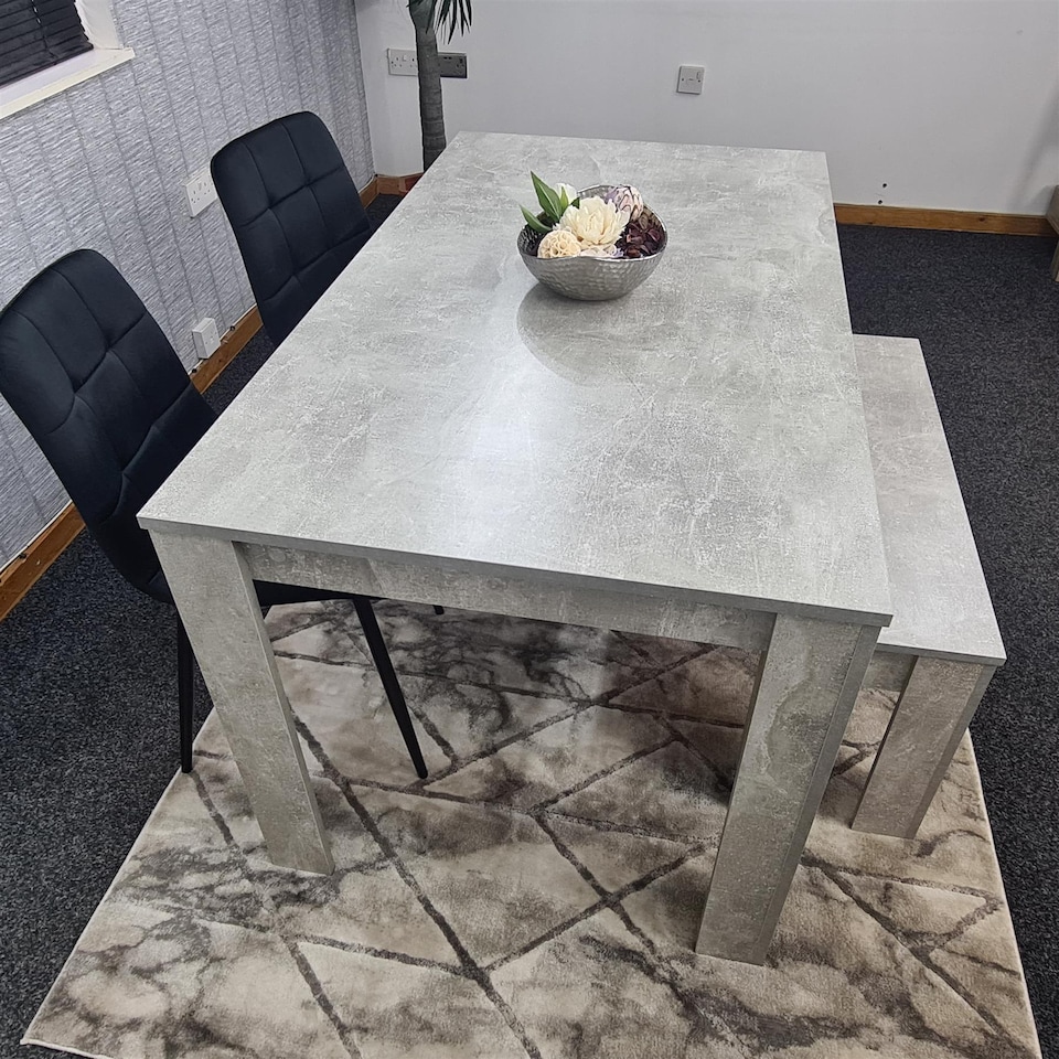 image 1 of Modern Grey Dining Table Set with 2 Black Velvet Chairs And 1 Bench Dining Room Furniture | Black | One Size | 4