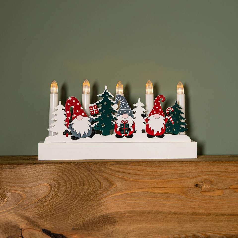 image 1 of 28cm Battery Operated Light up White Wooden Christmas Candle Bridge with Gonk Scene and 5 LEDs