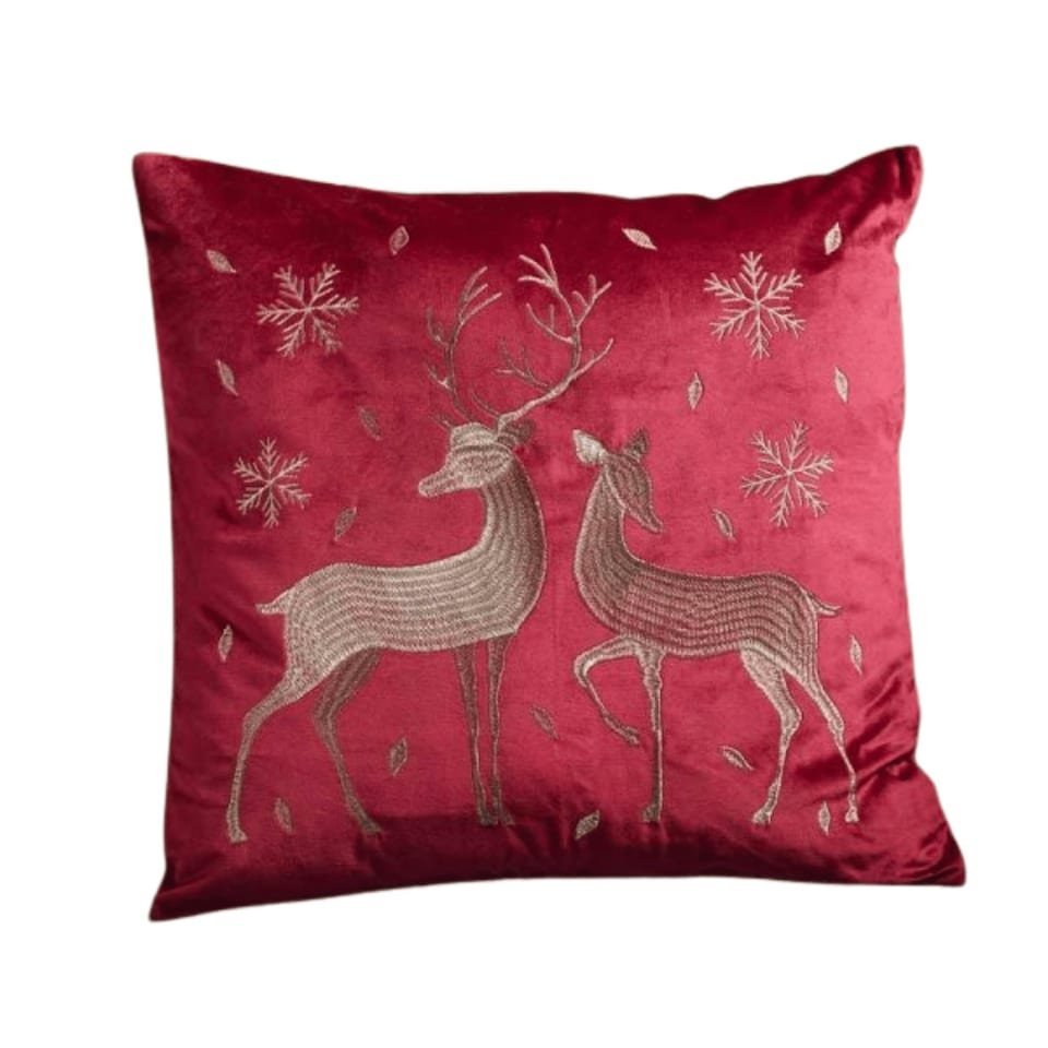 image 1 of 45 x 45cm Soft Fabric Christmas Reindeer Chair Cushion in Ruby Red