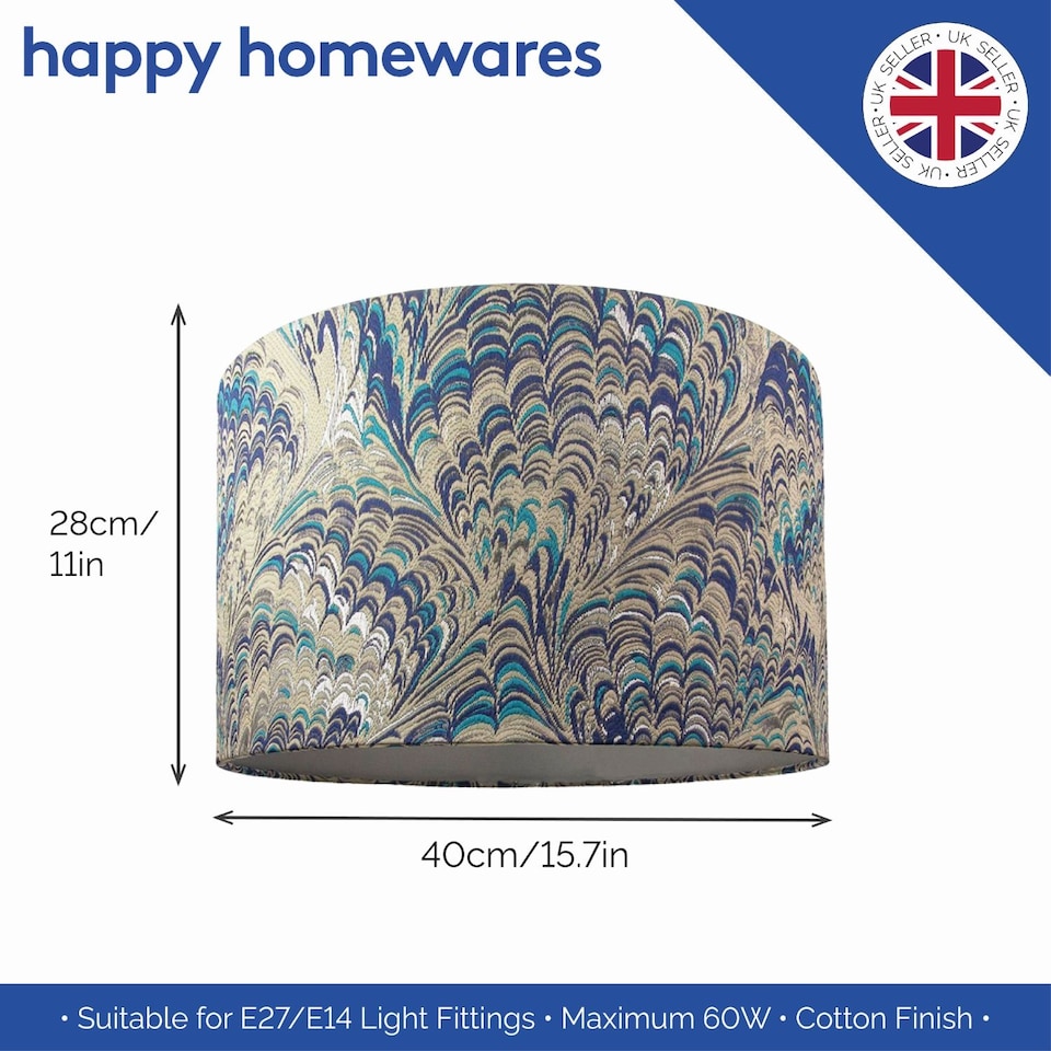 image 1 of Contemporary and Vivid Peacock Print 40cm Table/Pendant Lampshade in Soft Cotton | Multi | Multi-Colour | 1