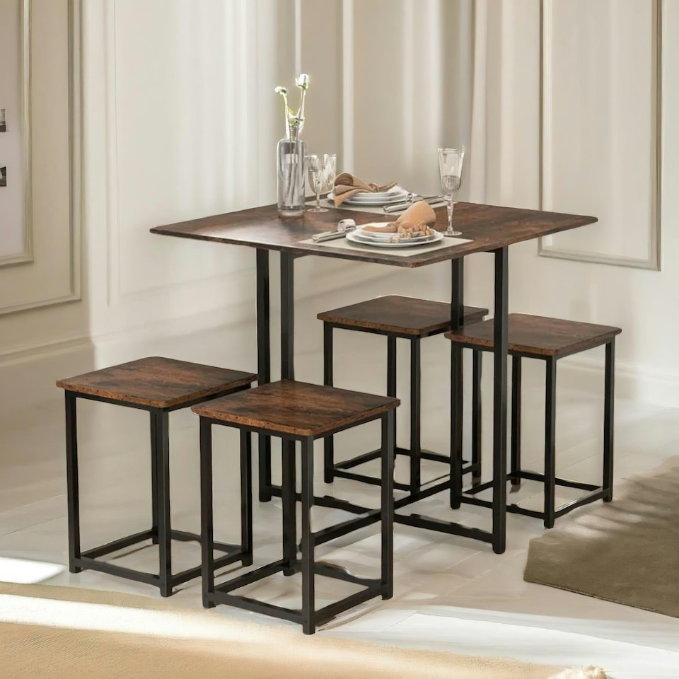 image 1 of 5-Piece Dining Table And Square Stool Set Kitchen Rustic Brown Brown