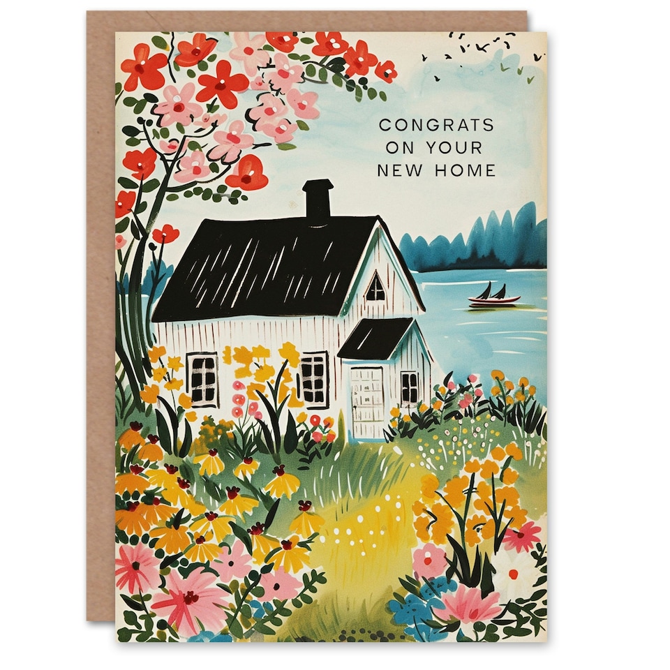 image 1 of Housewarming Floral Lake House Woman Congratulations New Home her Card