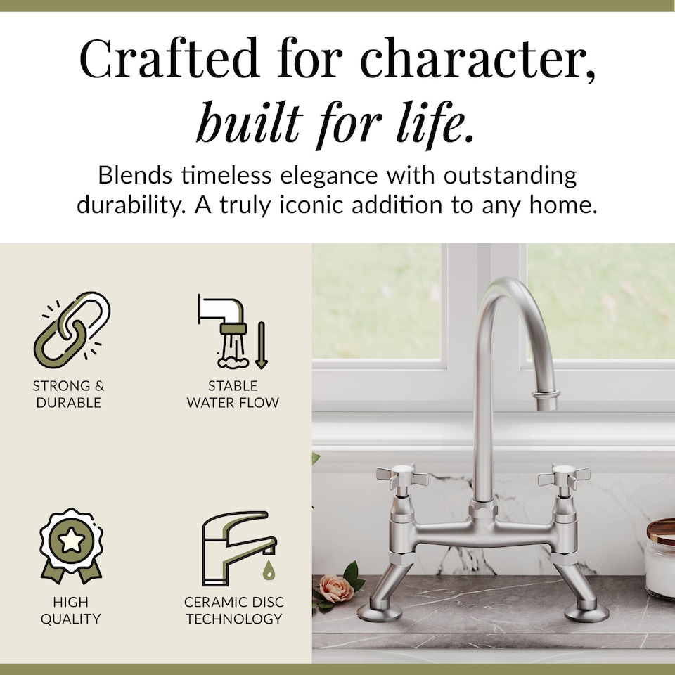 image 1 of Traditional Kitchen Bridge Sink Mixer Tap - Brushed Nickel | Silver | Brushed Nickel | 1