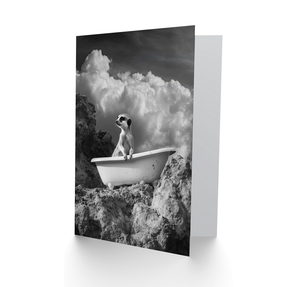 image 1 of Meerkat in Bathtub Surreal Bath Time Black White Birthday Greeting Card