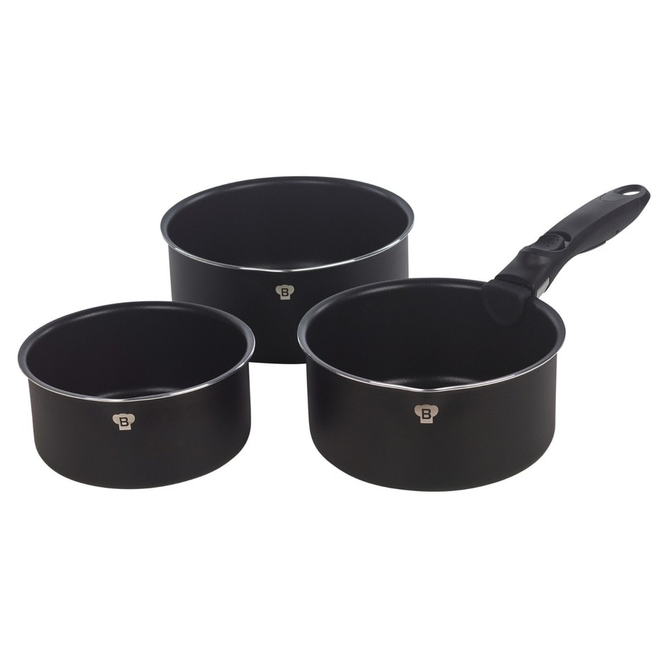 image 1 of Aluminium Induction Stackable Space Saving Pots Frying Pan Set Detachable Handle | Black | Matt Black- 4 Pcs Saucepans with Lid