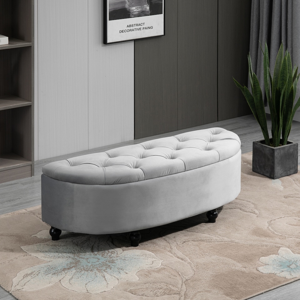 image 1 of HOMCOM Semi-Circle Ottoman Storage Bench, Bed End Bench, Tufted Upholstered Window Seat Footrest Stool with Rubberwood Legs for Bedroom & Entryway, 120 x 46 x 42 cm, Light Grey | Grey | 1