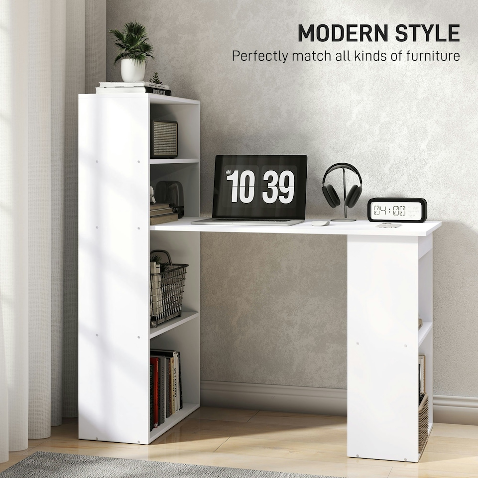 image 1 of HOMCOM 120cm Computer Desk Bookshelf Writing Table 6 Shelves White