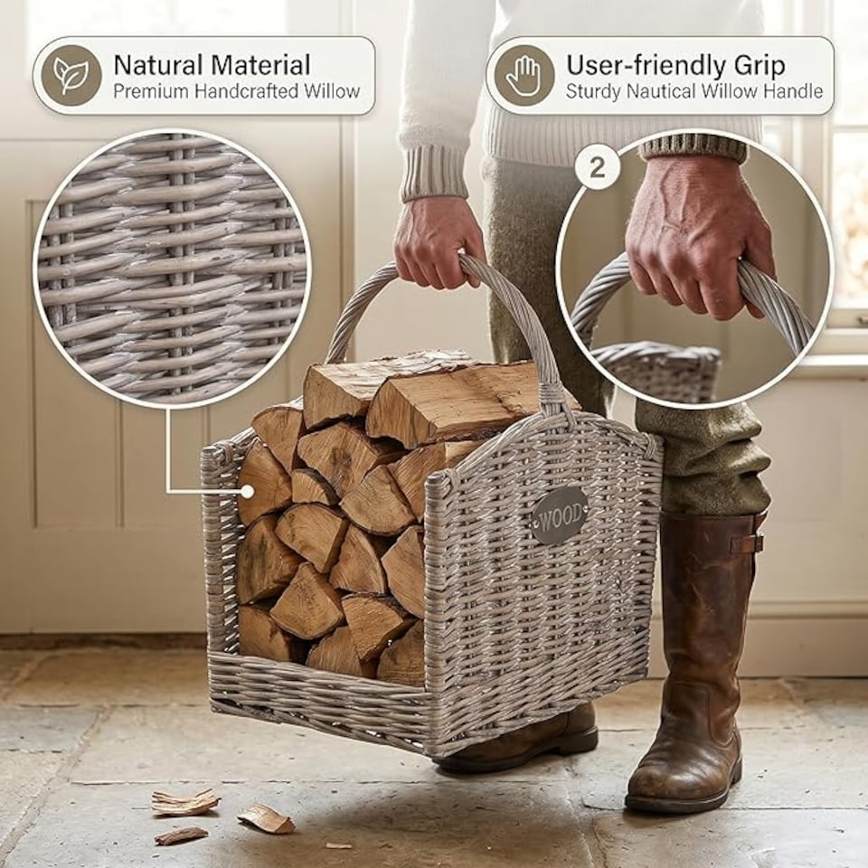 image 1 of Wickerfield Wicker Log Basket, Grey Firewood Basket With Handle, Rustic Fireside Wood Storage Basket For Fireplace, Wood Burner And Kindling (Medium)