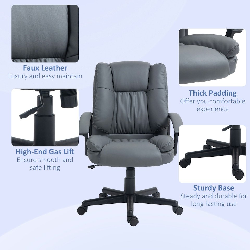 image 1 of HOMCOM Faux Leather Home Office Chair Mid Back Desk Chair with Arms Dark Grey