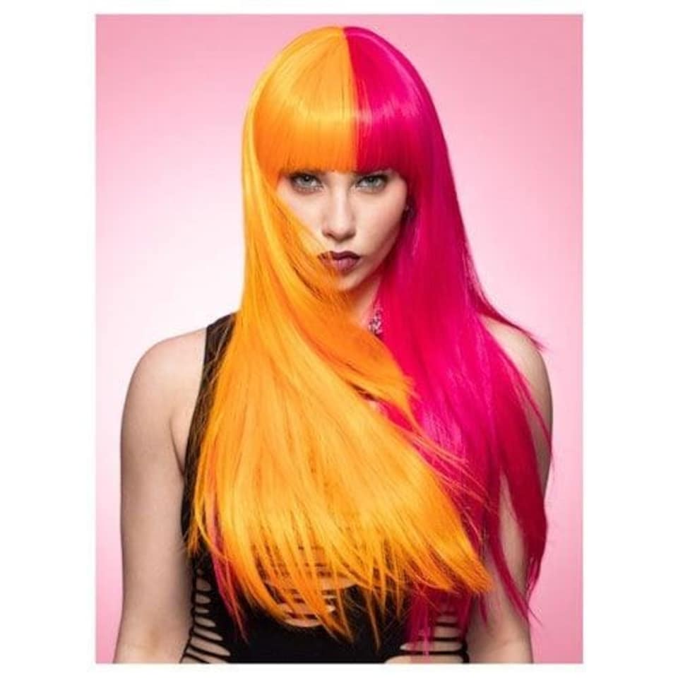 Manic Panic Candy Pop Downtown Diva Half Hot Pink Half Bright Orange Straight Long Hair with Fringe Wig