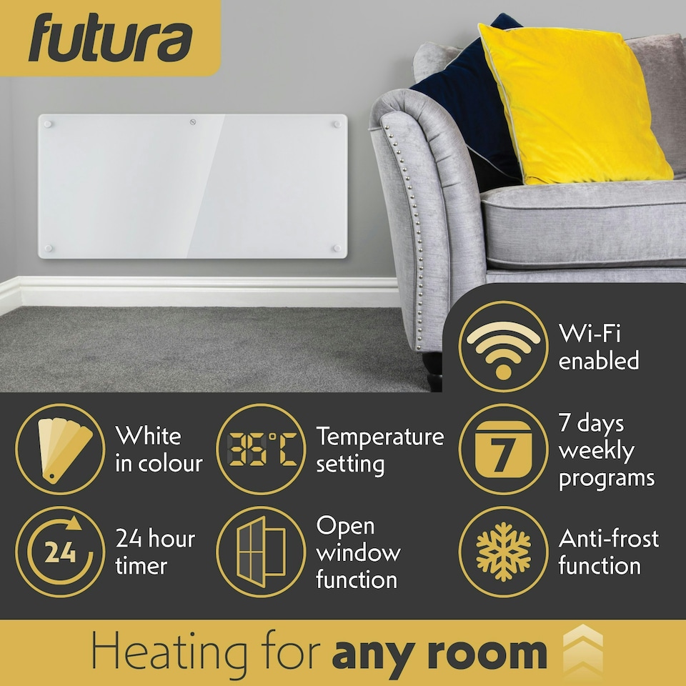 image 1 of Futura 2000W Smart Wifi Heater Electric Panel Wall Mounted White Glass Radiator