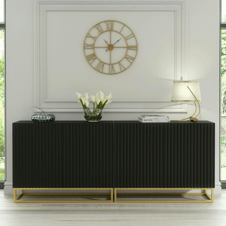 image 1 of Black Sideboard 200cm Fluted Doors Gold Frame Modern Storage Unit