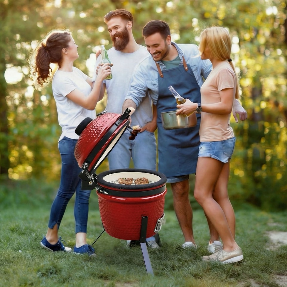 image 1 of Alivio Kamado 13-Inch Ceramic Mini BBQ Grill & Charcoal Smoker with Stand (Red)