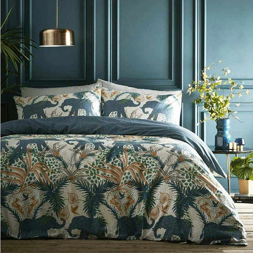 image 1 of Portfolio Home Savannah Safari Elephants Soft Easy Care Bed Linen Bedding Duvet Cover Quilt Set With Pillow Case Blue | Double