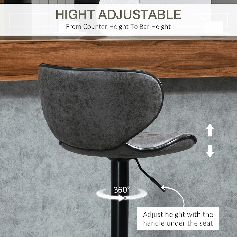 image 1 of HOMCOM Bar Stool Set of 2 PU Leather Adjustable Height Armless Chairs Dark Grey