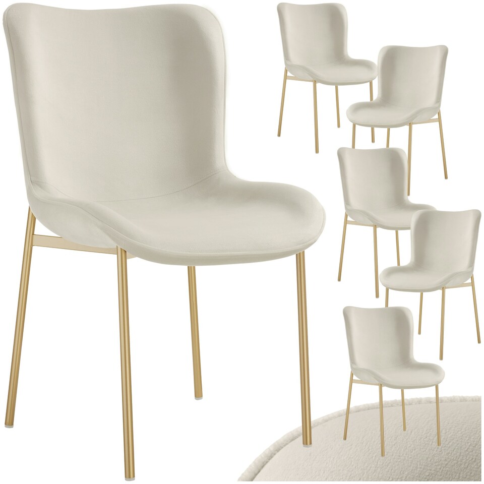 image 1 of Dining Chair Tessa - ergonomic high backrest, slim steel legs, soft fabric - Set of 6 Cream | Velvet Look Beige/Gold