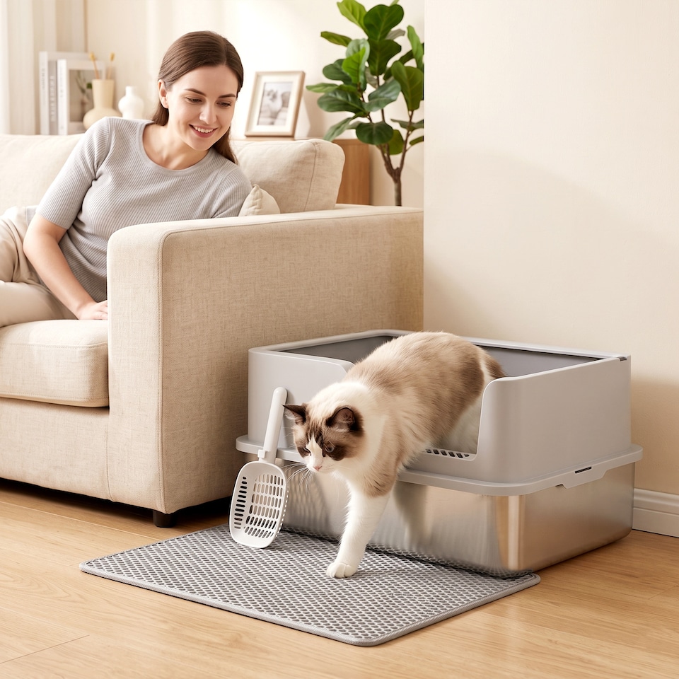 image 1 of PawHut XL Stainless Steel Cat Litter Tray w/ Lid, High Sided Cat Litter Box