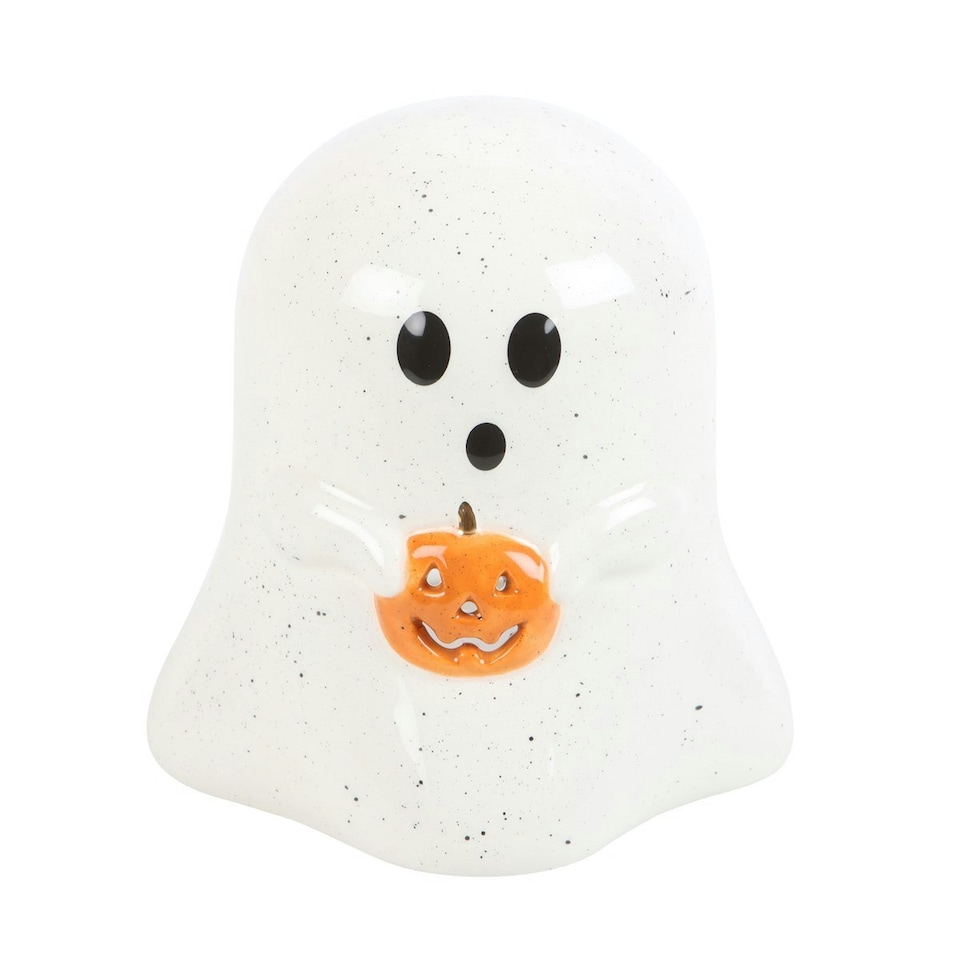image 1 of Ghost Shaped Tealight Holder With Pumpkin