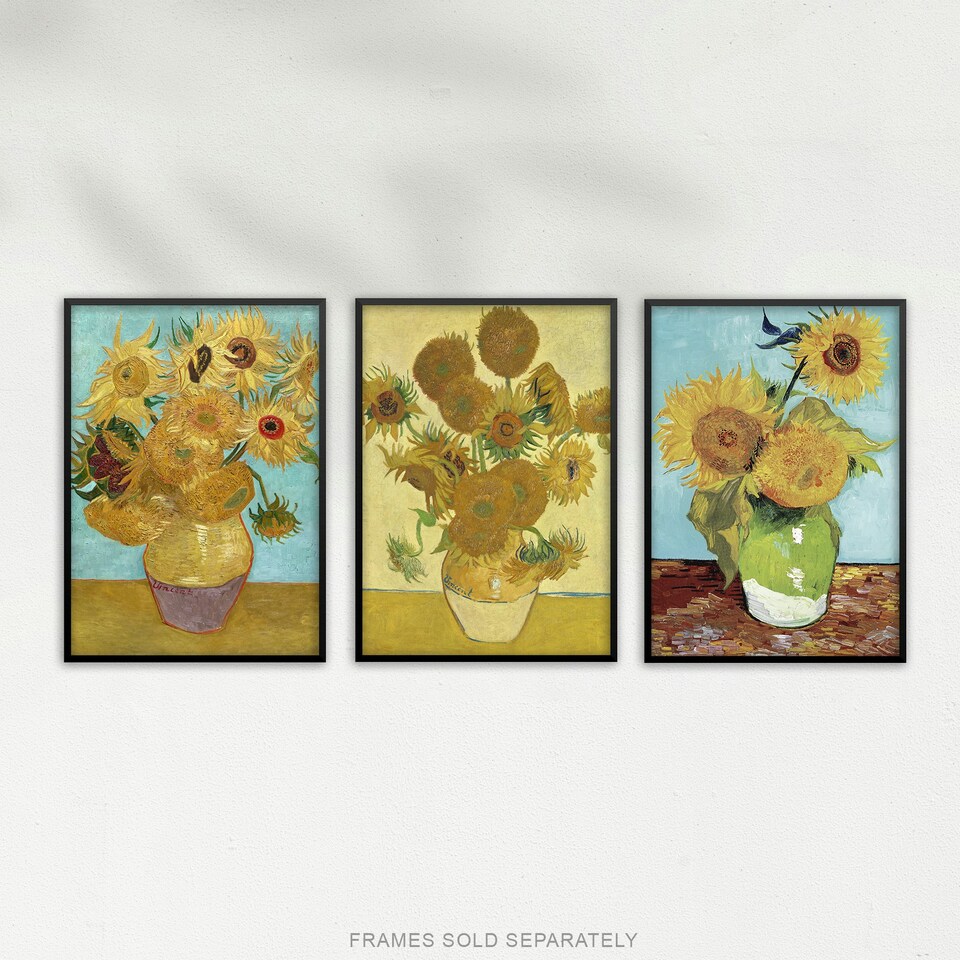 image 1 of Set of 3 Van Gogh Sunflowers Yellow Orange Classic A3 Wall Art Prints | Yellow