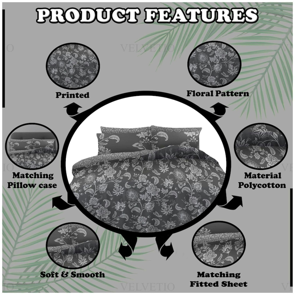 image 1 of VELVETIO Markland Paisley Complete Duvet Cover Set with Fitted Sheet Luxury Bedding Quilt Grey | Double
