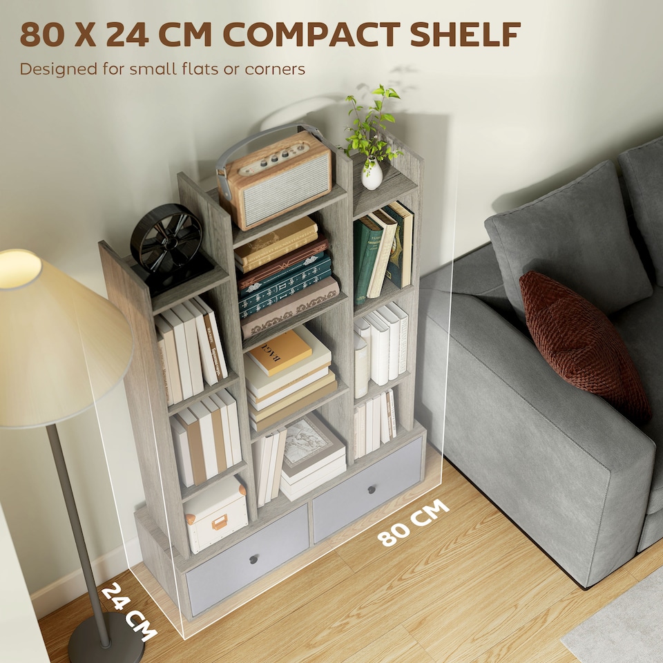 image 1 of HOMCOM Tree Bookshelf, 12-Tier Floor Standing Bookcase with 2 Foldable Drawers, Freestanding Book Shelf Storage Display Shelving Unit for Living Room, Home Office, Bedroom, Graphite Wood Effect