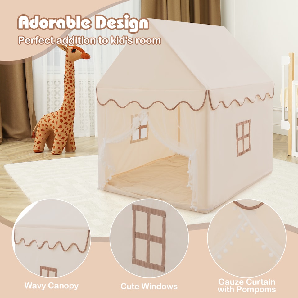image 1 of COSTWAY Kids Play Tent Indoor Playhouse with Padded Mat-Beige