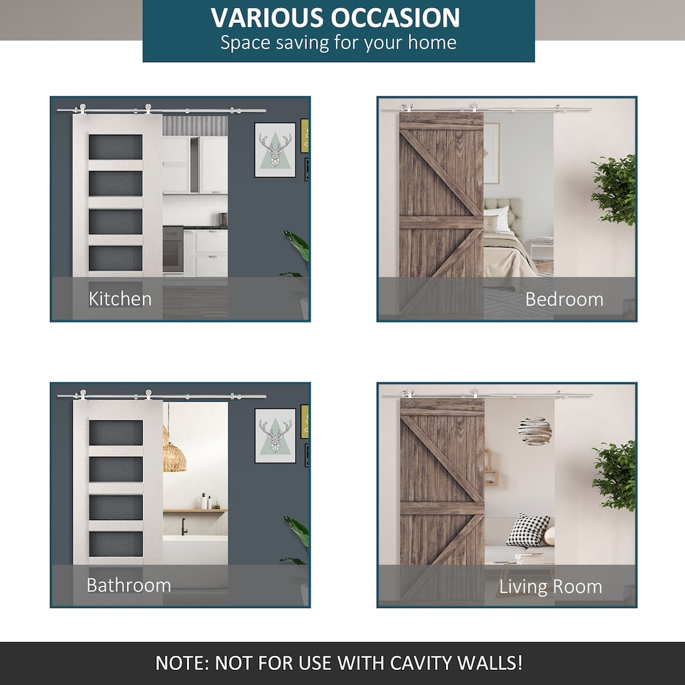 image 1 of HOMCOM Wooden Sliding Door Kit Stainless Steel Smooth Operation Hardware Track Kit System Unit For Single Door 2000mm | Silver | Silver