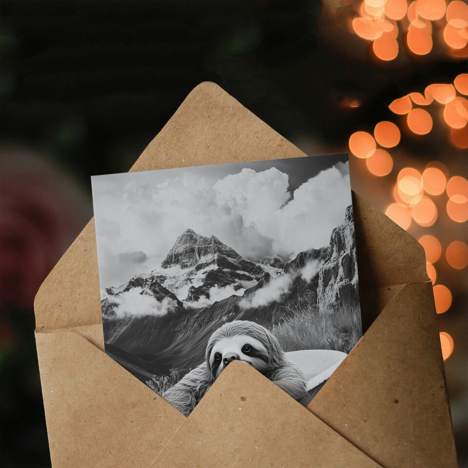 image 1 of Sloth in Bathtub on Mountain Black White Surreal Birthday Greeting Card