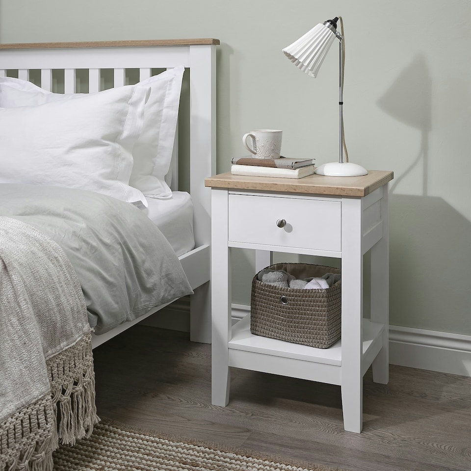 image 1 of Leines 1 Drawer Bedside Table in White & Oak | White | Length 45cm x Depth 37cm x Height 63.5cm