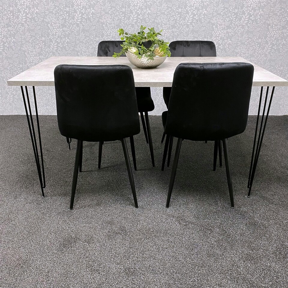 image 1 of Grey Dining Table with Hairpin Legs & 4 Black Velvet Chairs Set for Kitchen & Dining Room Grey
