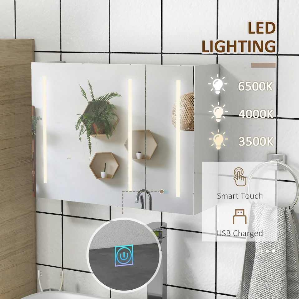 image 1 of kleankin Wall Mounted Bathroom Storage Cupboard with Light, Mirror and Shelf