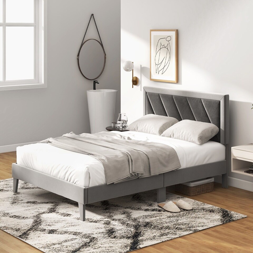 image 1 of COSTWAY Double Upholstered Platform Bed with Headboard Gray