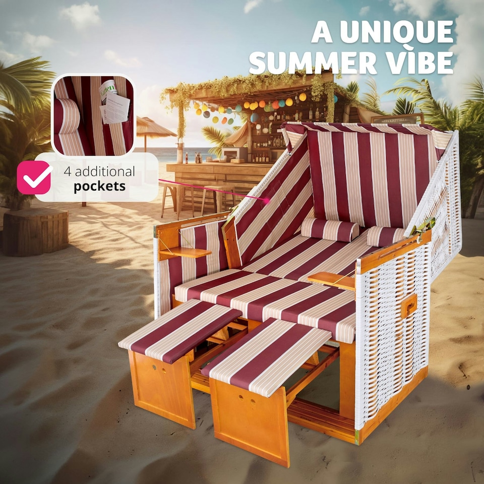 image 1 of Beach Chair Sylt with cushions, footrest and rain cover | Red | red/white | 1