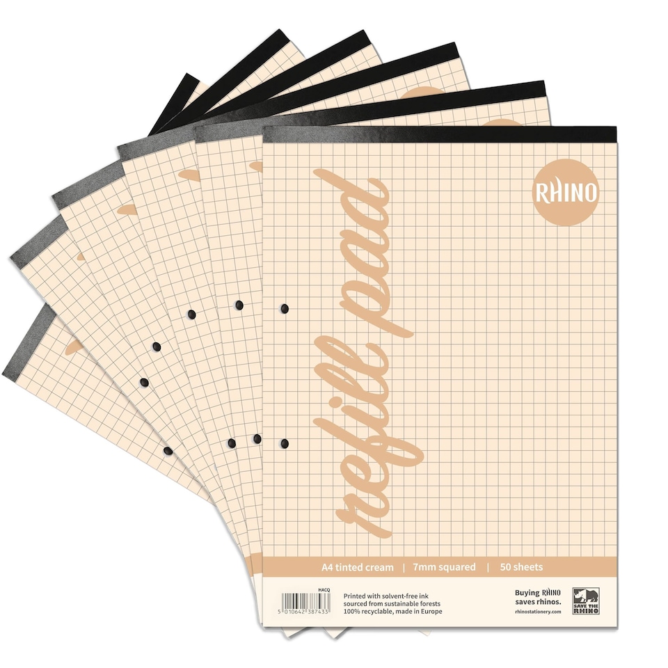 image 1 of Rhino 100 Page 7mm Squared Paper Refill Pad Cream A4 36 Pack