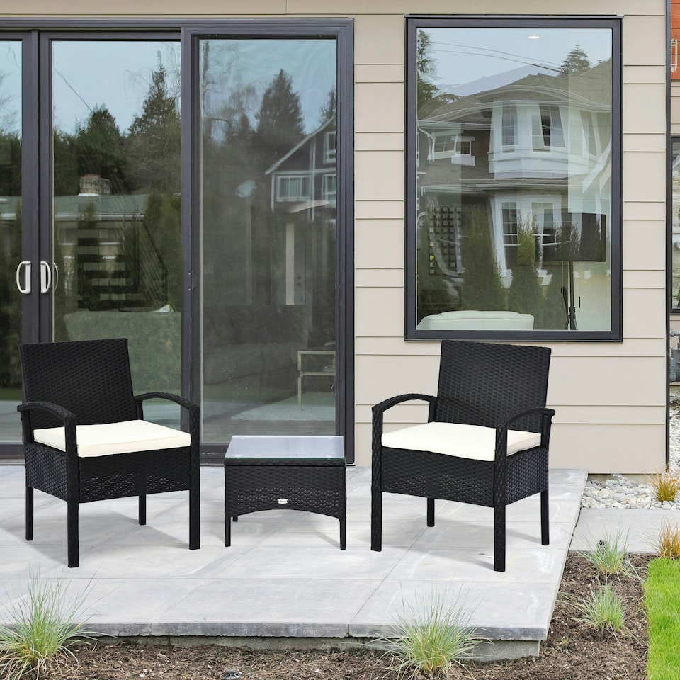 image 1 of Outsunny 3PC Garden Rattan Bistro Set with Glass Top Table, Black