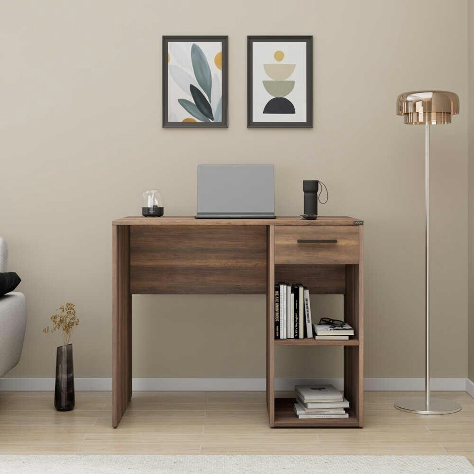 image 1 of Adore Walnut Effect Study Desk with Drawer & Shelves Brown