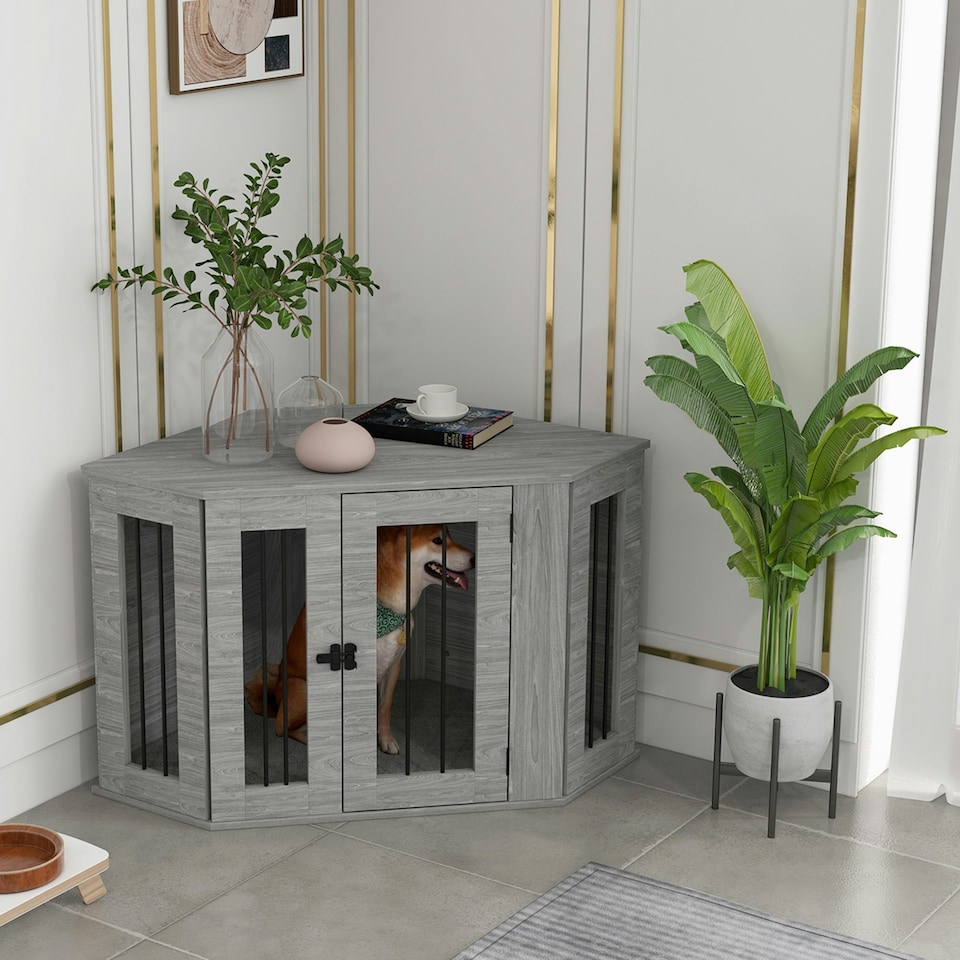 image 1 of PawHut Dog Crate Furniture for Medium Dogs w/ Cushion, Large Door - Grey