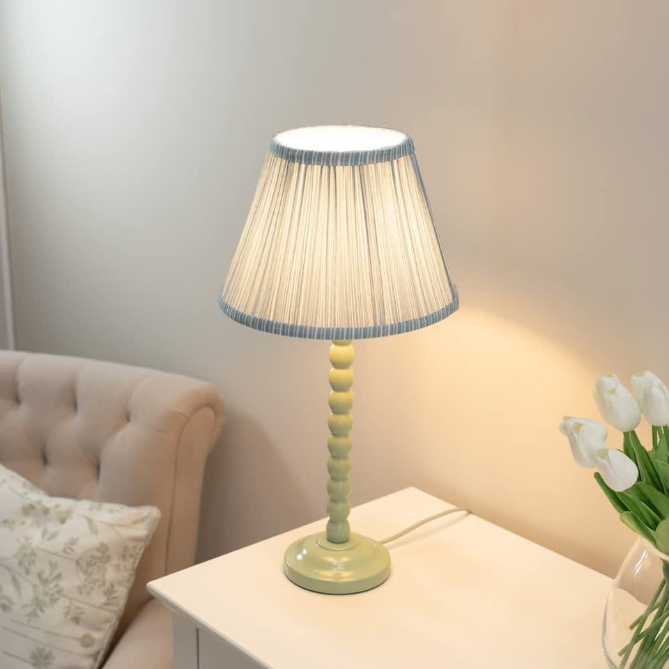 image 1 of ValueLights Bobbles Sage Green Table Lamp Blue Pleat Shade & Bulb | Blue