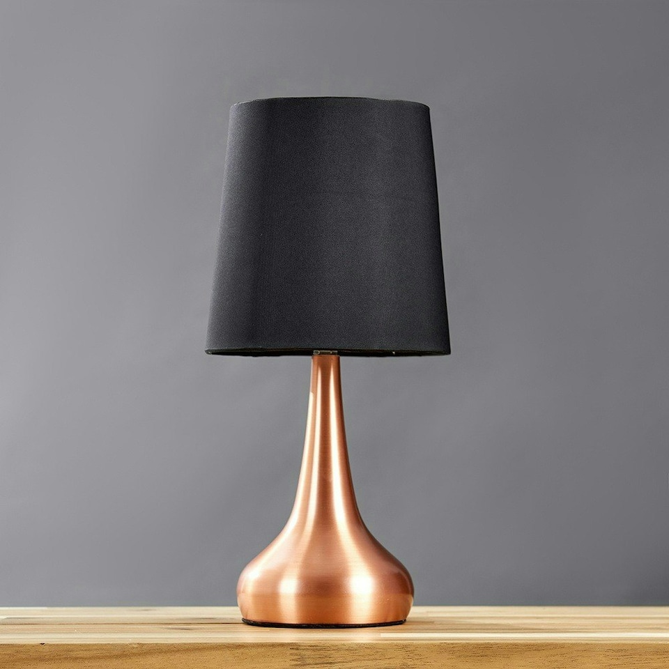 image 1 of ValueLights Teardrop Pair of Copper Touch Table Lamps with Black Shade Black