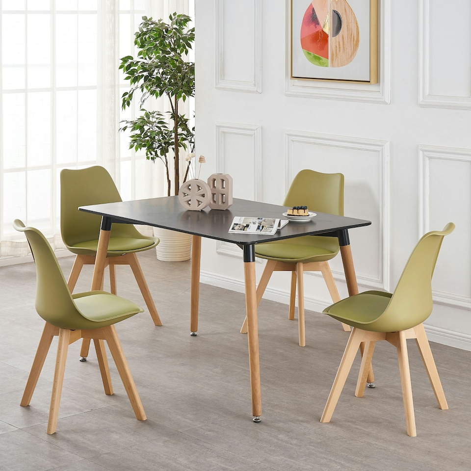 image 1 of 5PCs Dining Set - a Black Halo Dining Table & Set of 4 Lorenzo Tulip Chairs with Padded Seat | Green