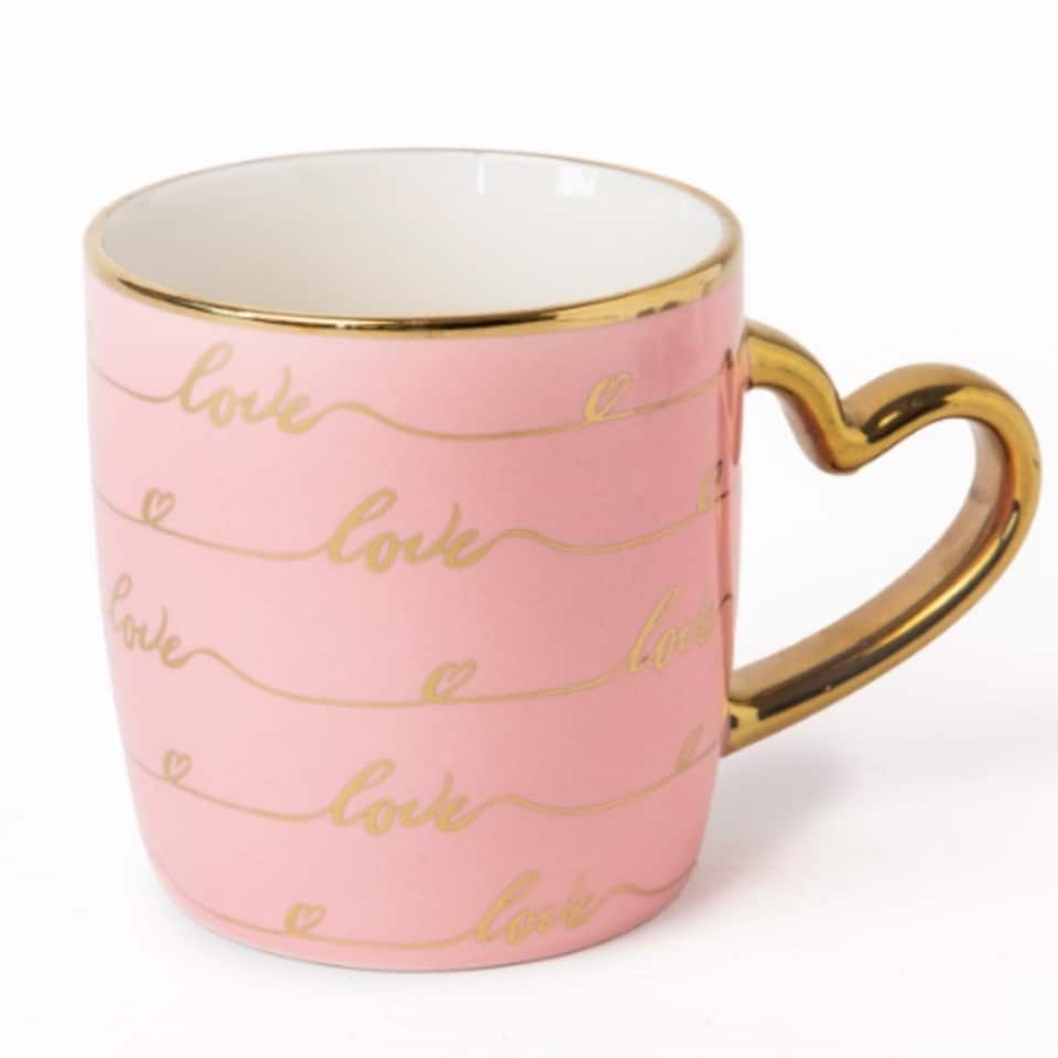 image 1 of Heart Handle Ceramic Mug with Gold Heart Handle 350ml | Pink | Rose Pink | 350ml | 1