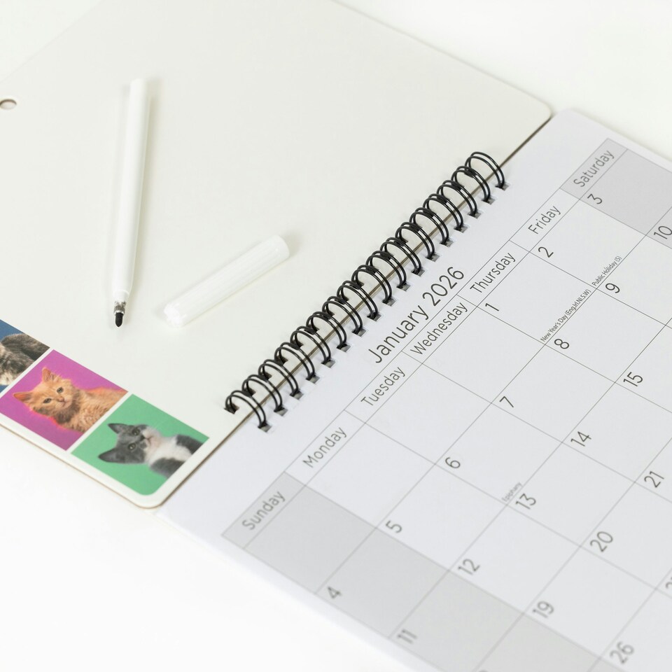 image 1 of 2026 Monthly Memo Board Calendar & Pen Kitten Design